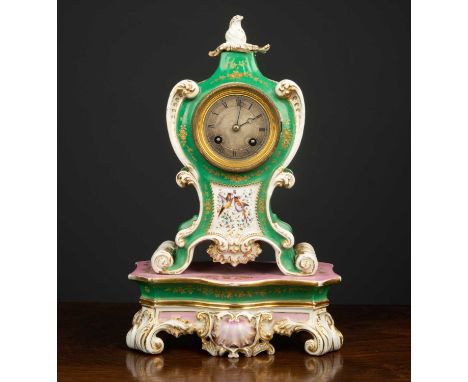 A 19th century continental porcelain mantle clock with hand painted flowers, birds and gilded decoration, the silvered dial w