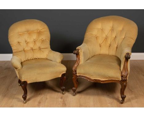 A Victorian button upholstered low chair with scrolling arms, cabriole legs and ceramic casters, 68cm wide x 69cm deep x 38cm