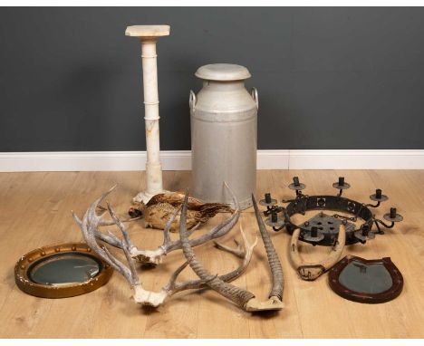 A mixed group to include a circular gilt framed convex wall mirror, 42cm diameter; a Grundy aluminium milk churn, 73cm high; 