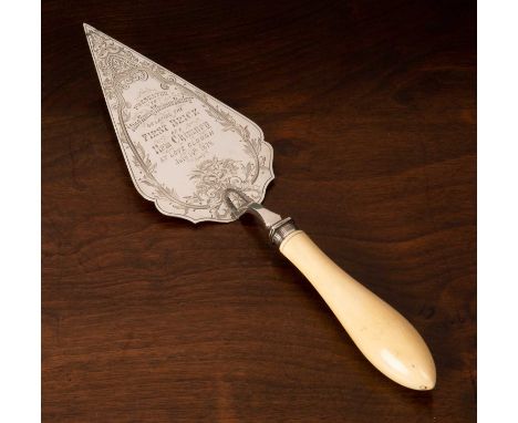 Late Victorian silver engraved presentation trowel with turned ivory handle inscribed: “Presented to Miss Emily Windsor Baile