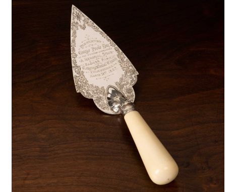 Late Victorian silver engraved presentation trowel with turned ivory handle inscribed: “Presented to George Poole Esq on the 