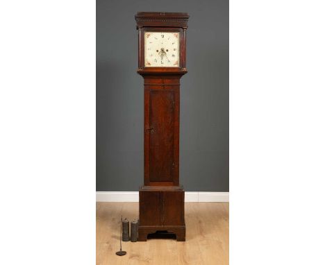 An antique eight day longcase clock the painted dial 30cm squared, the oak case 42cm wide x 24cm deep x 210cm highUntested, d