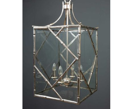 A naturalistic style hall lantern of square form, the silvered metal frame incised to look like wood around the four bulb lig