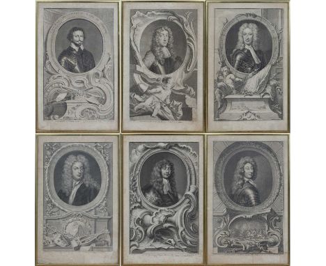 A set of seven 18th century historical portrait engravings the figure portrayed within architectural surroundings, to include
