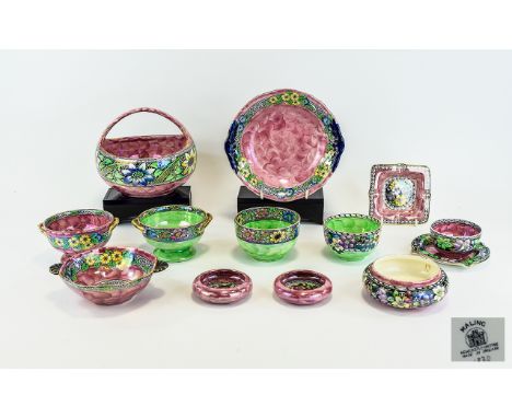 Large Collection Of Mixed Maling Lustreware. Thirteen items in total to include basket, several double handle dishes, ashtray