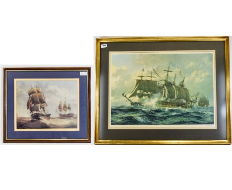 Maritime Interest Signed Print By K. Jepson Large gilt framed and mounted pencil signed print of three galleons at sail. Appr