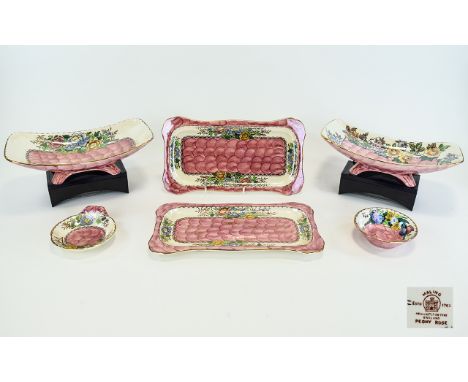 Collection Of Maling Lustreware. Six items in total, four pieces in 'Peony Rose' pattern comprising oriental flowers on rose 