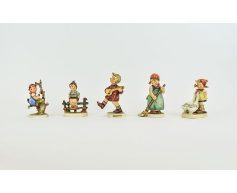 Hummel Collection of Figures ( 5 ) In Total. Comprises 1/ Apple Tree Girl. 2/ Girl with Geese. 3/ Boy with Bango. 4/ Boy Sat 