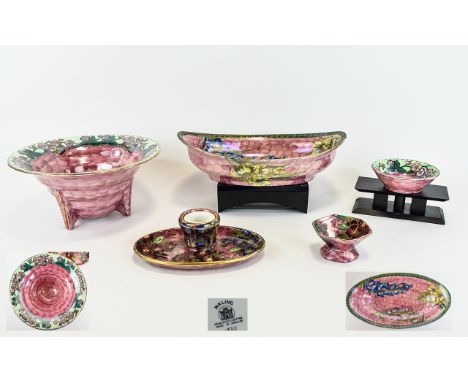 A Small Collection Of Maling Lustreware. Five items in total, all in rose and pearl lustre ground. To include large footed bo