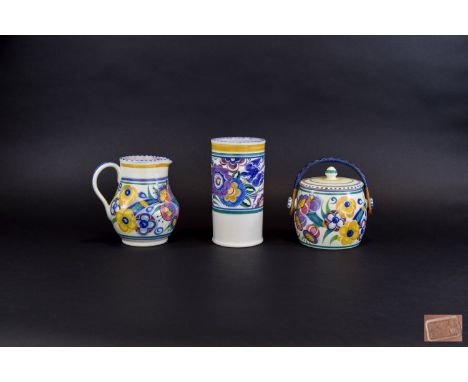 Poole - Hand Painted Carter - Sadler - Adams Vase, Jug and Biscuit Barrel From The 1930's. Designed by Trudi Carter. Comprise