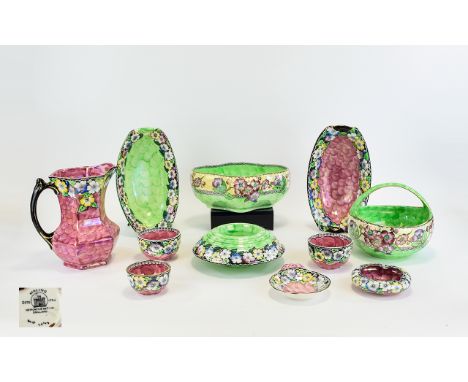A Large Collection Of Maling Lustreware In Garland Pattern Black Print Eleven items in total to include basket, jug, two gond