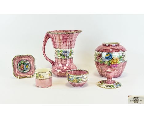 Maling Peony Rose Lustreware A collection of six rose and pearl lustre items in 'Peony Rose' Pattern no. 6862. To include lar