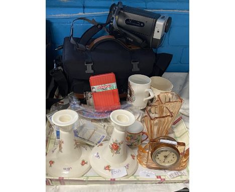 A good tray of assorted misc collectibles including a Samsung video recorder (missing charger) no shipping. 