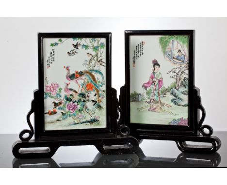 PAIR OF CHINESE CERAMIC PLAQUE TABLE SCREENS IN WOODEN SCREENS 
likely Republic period, decorated in famille rose enamels, on