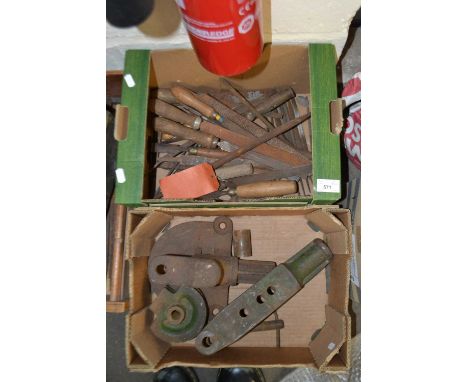 Two boxes of assorted hand tools to include planes and others