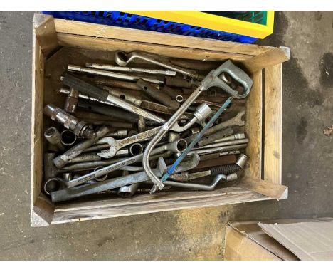 Quantity of assorted hand tools to include sprocket spanners etc