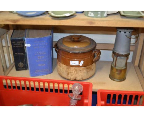 Mixed Lot: Vintage paraffin lamp, Stones Justices Manual 1940, vintage dictionary, pottery pot and cover