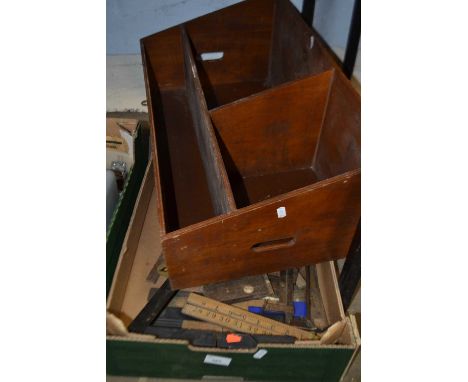 Wooden storage box and a quantity of assorted draughtsmans tools, squares, rulers etc