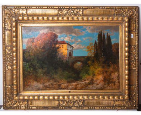 Rüdisühli, Hermann Traugott (1864 - 1944), "Herbstgold", Öl/Lw., Gebäude m. Brücke,Zypressen u. Laubbäumen, u. re. sign., Bil