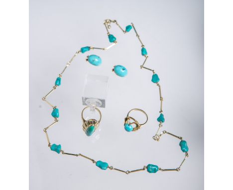 5-teiliges Schmuckset 585 GG m. Türkisenbesatz, bestehend aus: 1x Collier, 1x PaarOhrclipsen u. 2x Ring (Ringgröße: 54 u. 57)