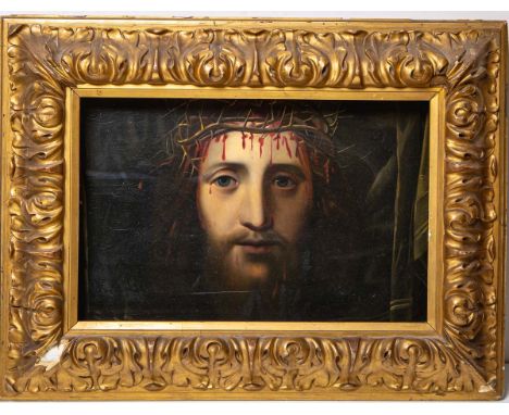 KünstlerIn unbekannt (wohl 19. Jh.), Christus m. Dornenkrone, Öl/Lw., Bildgröße ca. 43 x59 cm, gerahmt. Lw. u. Rahmen beschäd