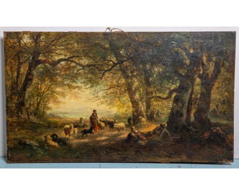 Ebert, Carl (1821 - 1885), Rastende Schafshirten im Wald m. Seelandschaft im Hintergrund,Öl/Holzplatte, li. u. sign., Bildgrö