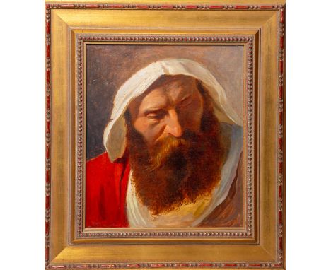 KünstlerIn unbekannt (wohl 19. Jh.), Portrait eines Rabbiners, Öl/Holzplatte, Bildgrößeca. 36 x 32 cm, gerahmt. Leichte Besch
