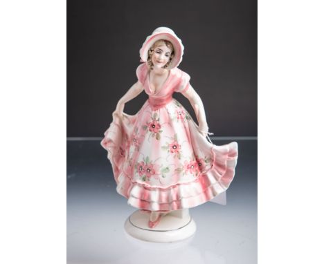 Keramikfigur "Dame m. Haube" (Hertwig u. Co., Katzhütte, wohl Anfang 20. Jh.), polychromgefasst, Preßnr. "9615", grüne Unterb