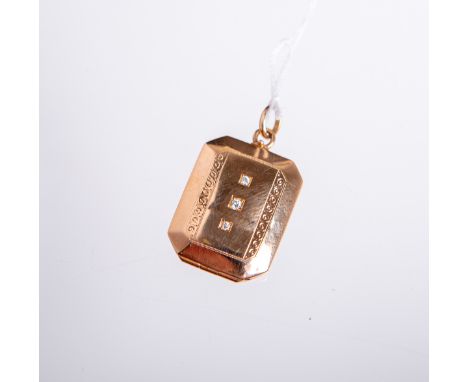 Medaillon-Anhänger 585 GG (wohl 1920/30er Jahre), Besatz m. 3 kl. Brillanten, für 2 kl.Fotos, ca. 2 x 2,5 cm, Gewicht ca. 3,6