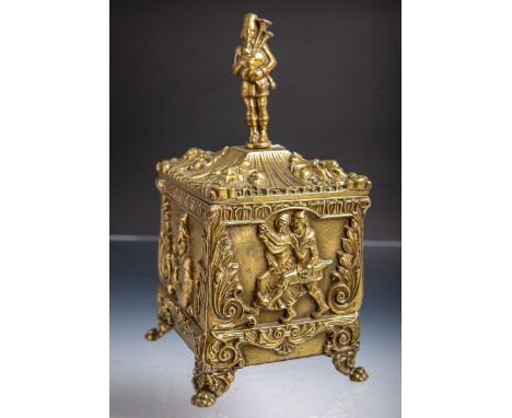 Tabaktopf (wohl Historismus), Bronzeguss, m. aufgesetztem Dudelsackspieler, allseitigversch. figürliche Darstellungen, H. ca.