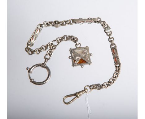 Uhrenkette m. Anhänger und versch. Einlagen (wohl 1920er Jahe), wohl Edelstahl, L. Ketteca. 30 cm, Anhänger ca. 1,8 x 1,8 cm,