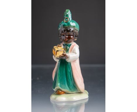 Porzellanfigur "Balthasar" (Goebel), polychrom gefasst m. Goldstaffage, Preßnr. "11 365"blaue Unterbodenmarke, H. ca. 14 cm.