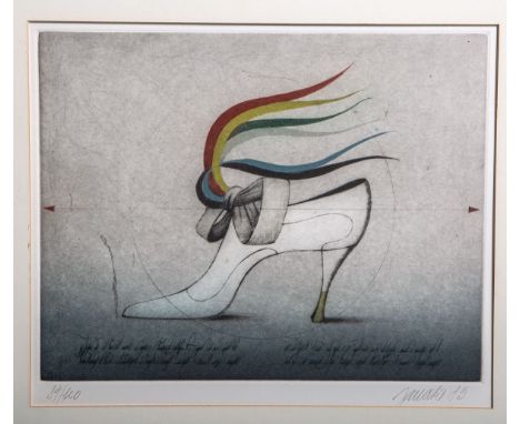 Janak, Alois (geb. 1924), Damenschuh m. bunten Bändern (1989), Aquatinta/Farbradierung,re. u. sign. u. dat., li. u. numm. 84/