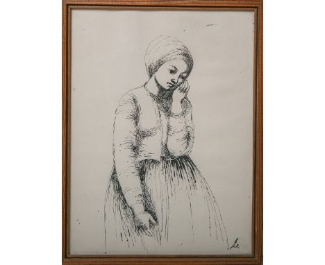 Nagel, Hanna (1907 - 1975), Mädchen m. geneigtem Kopf, Federzeichnung, Tinte/Papier, re.u. sign., ca. 20 x 14,5 cm, hinter Gl