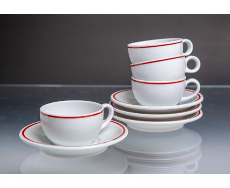 8-teiliges Konvolut von Geschirrteilen, Weißporzellan m. rostrotem Rand, bestehend aus: 4xTasse (Schönwald, Deutschland), 4x 