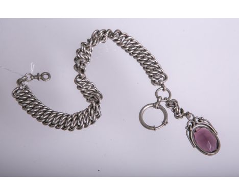 Massive Taschenuhrenkette aus Silber, Anhänger m. einem Amethyst (ca. 22 x 11 x 10 mm),gestempelt, Gesamtlänge ca. 33 cm, Ges