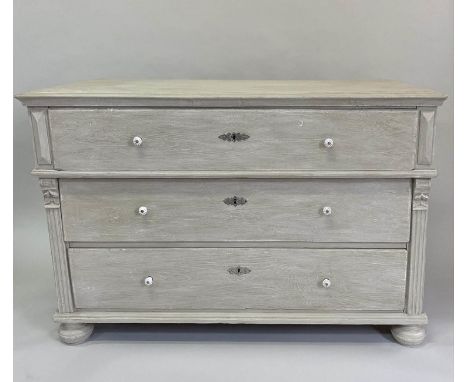 COMMODE, 19th century French, of large proportions, traditionally grey painted, with three long drawers, 140cm W x 91cm H x 6