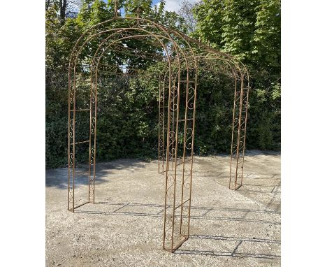 ARCHITECTURAL GARDEN ARBOUR, Fleur-de-Lys decoration, aged metal finish, 240cm H x 240cm W x 145cm D. 