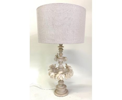 ALABASTER TABLE LAMP, Italian, carved with two tiers and birds and linen shade, 70cm H. 