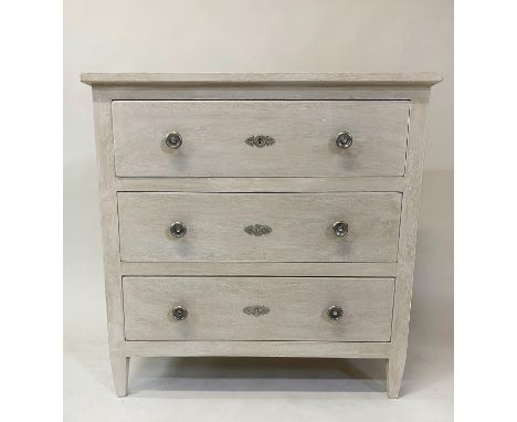 GUSTAVIAN STYLE COMMODE, grey painted with three long drawers and silvered mounts, 47cm D x 93cm W x 93 H. 