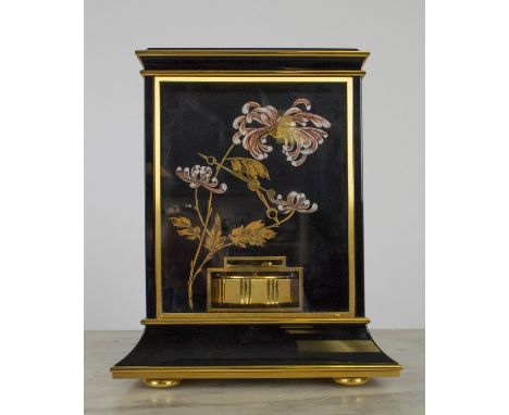JAEGER LECOULTRE ATMOS CLOCK, lacquered case oriental style decoration to case and dial, 220 009 serial number, gilt case, 28