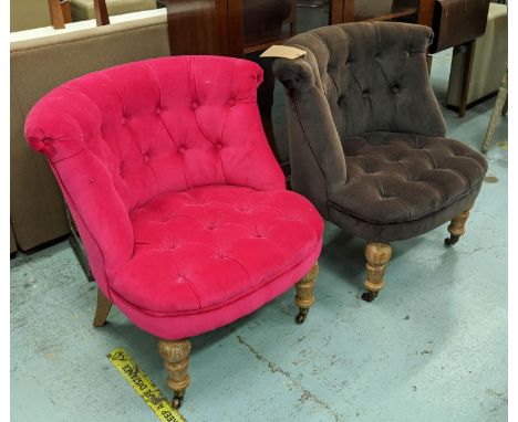 GRAHAM AND GREEN CHAIRS, a set of two, 68cm W, one pink, one grey buttoned velvet. (2) 