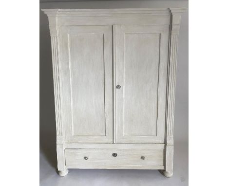ARMOIRE, 19th century French, grey painted with two panel doors enclosing hanging space above a drawer, 186cm H x 116cm W x 5