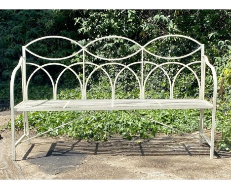 ARCHITECTURAL GARDEN BENCH, 100cm x 165cm x 43cm, Regency style, painted metal. 
