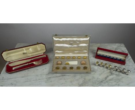 HERMES COIN PLACE CARD HOLDERS,  a set of fourteen boxed, a set of eight cartier silver salt and pepper shakers in original b