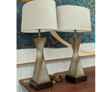 FINE ART LAMPS, a pair, silvered table lamp with Porta Romana shades, 77cm H including shades. (2) 