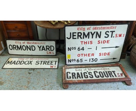 LONDON STREET SIGNS, one ceramic and three enamel, vintage 20th Century, 92cm x 66cm at largest. (4) 