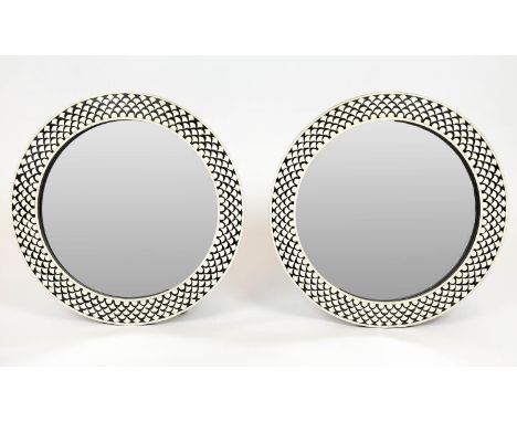 WALL MIRRORS, a pair, 1970's Italian design 'fish scale' inlaid circular frames, 61cm diam. (2) 