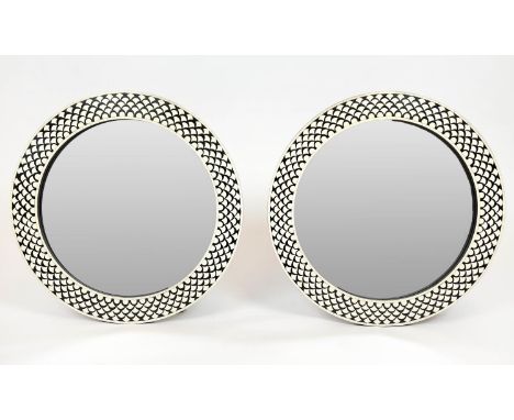 WALL MIRRORS, a pair, 1970's Italian design 'fish scale' inlaid circular frames, 61cm diam. (2) 