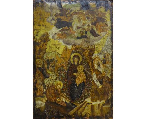 GREEK ICON, depicting the Virgin and Child Enthroned and Biblic Stories, oil on panel, 60cm x 40cm. 